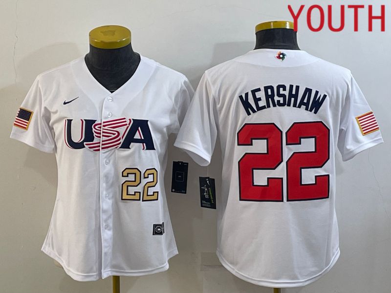 Youth 2023 World Cub USA 22 Kershaw White MLB Jersey6